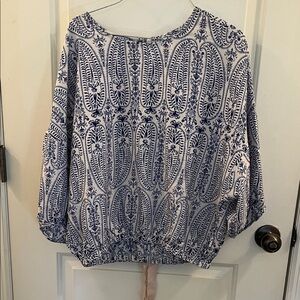 SHEIN White and Navy Printed Women's Blouse